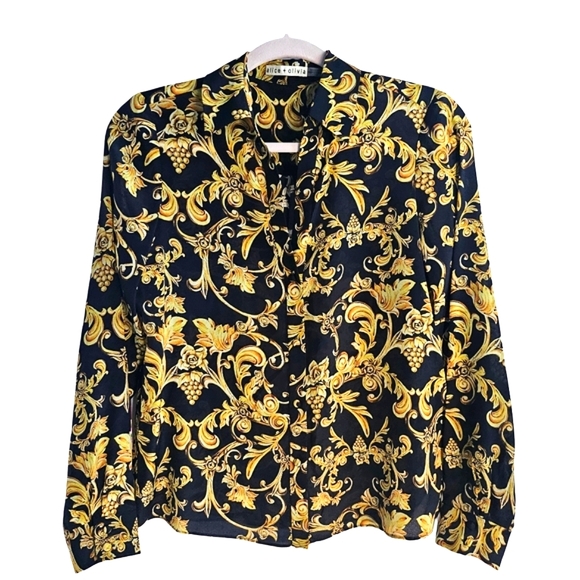 ALICE+OLIVIA Eloise Florence Scroll Silk Button Front Blouse - Picture 3 of 11